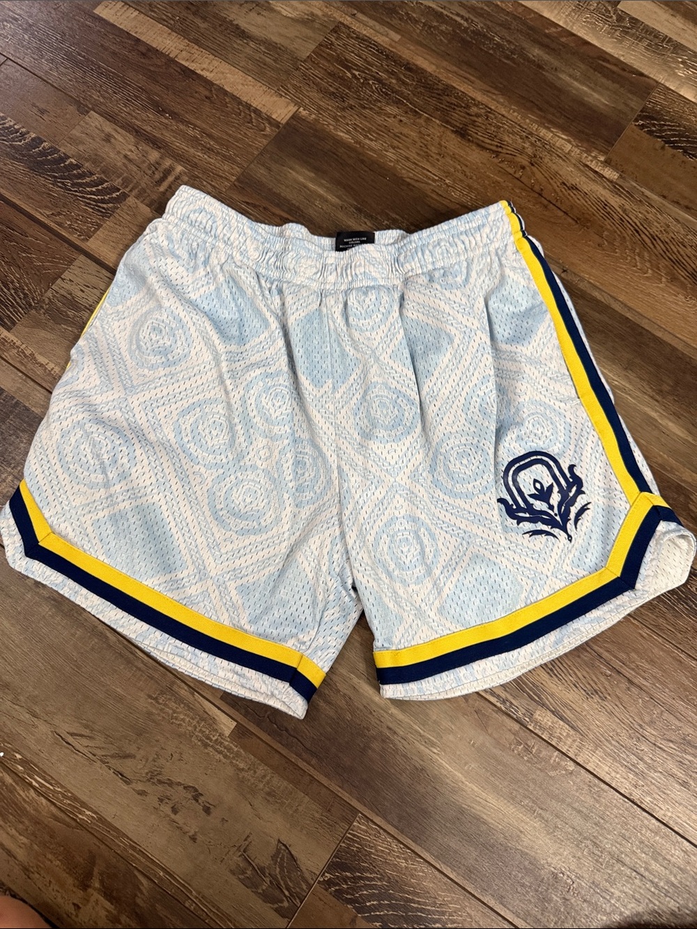 Light Blue Athletic Mesh Shorts with Yellow & Navy Trim